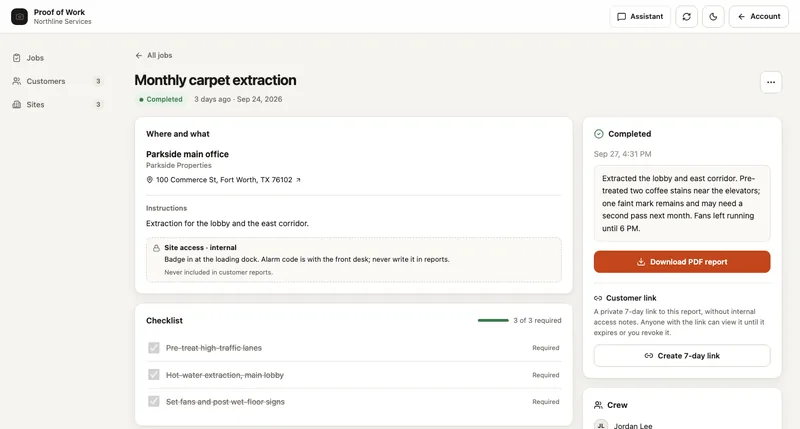 Proof of Work with demo data: a completed carpet extraction job with its checklist and PDF report
