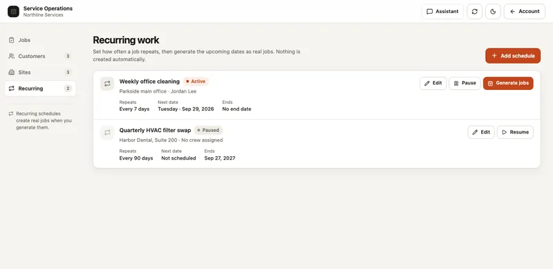 Service Operations with demo data: upcoming recurring visits and assigned crews