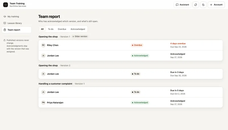 Team Training with demo data: training assignments and staff acknowledgments