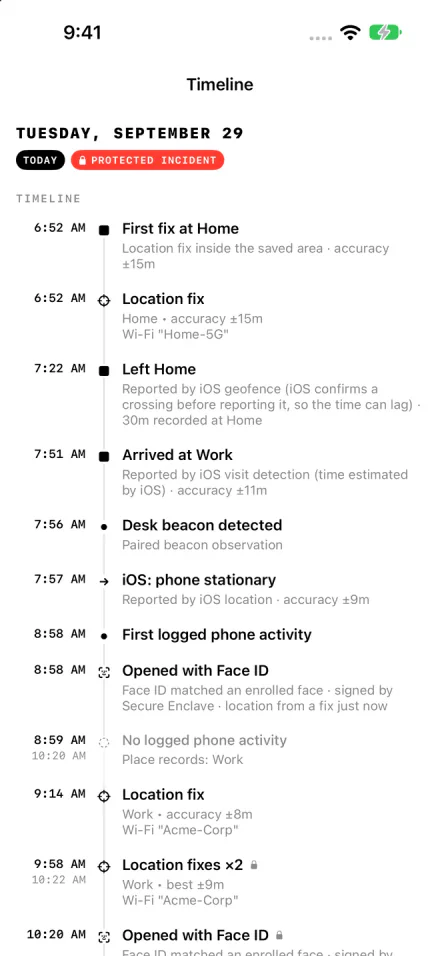 BlackBox Timeline screen with demo data: the day’s recorded places and events in order