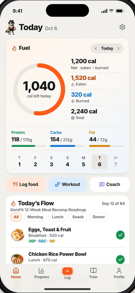 GemFit.ai Today screen with demo data: 1,040 calories left, protein, carbs and fat against targets, and logged meals
