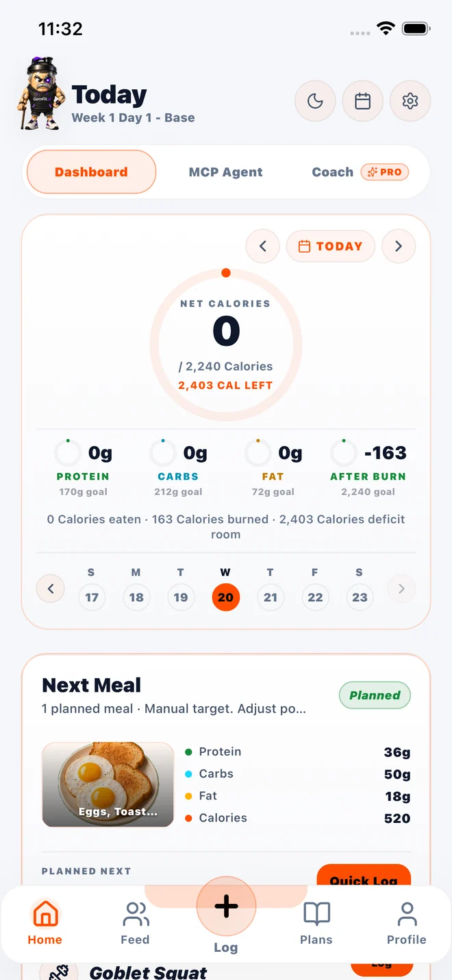 Actual GemFit demo dashboard showing nutrition targets, a weekly calendar, and a planned meal