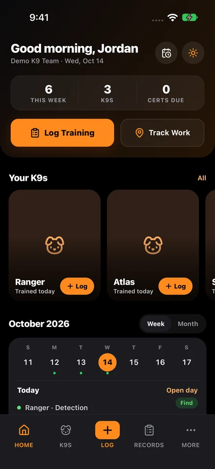 K9Codex Home with sample data: weekly training, three dogs, quick logging and a daily calendar
