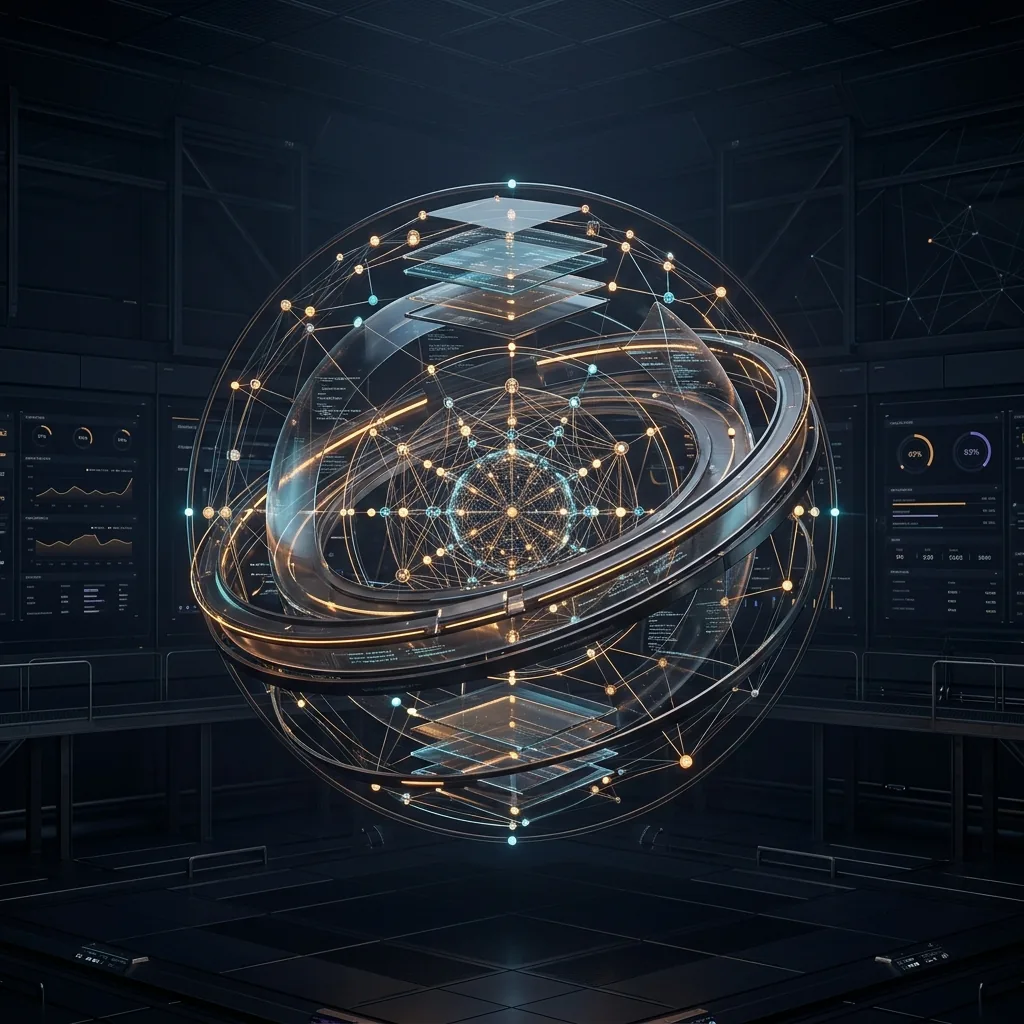 Futuristic operations core visual representing connected workflows and management infrastructure.