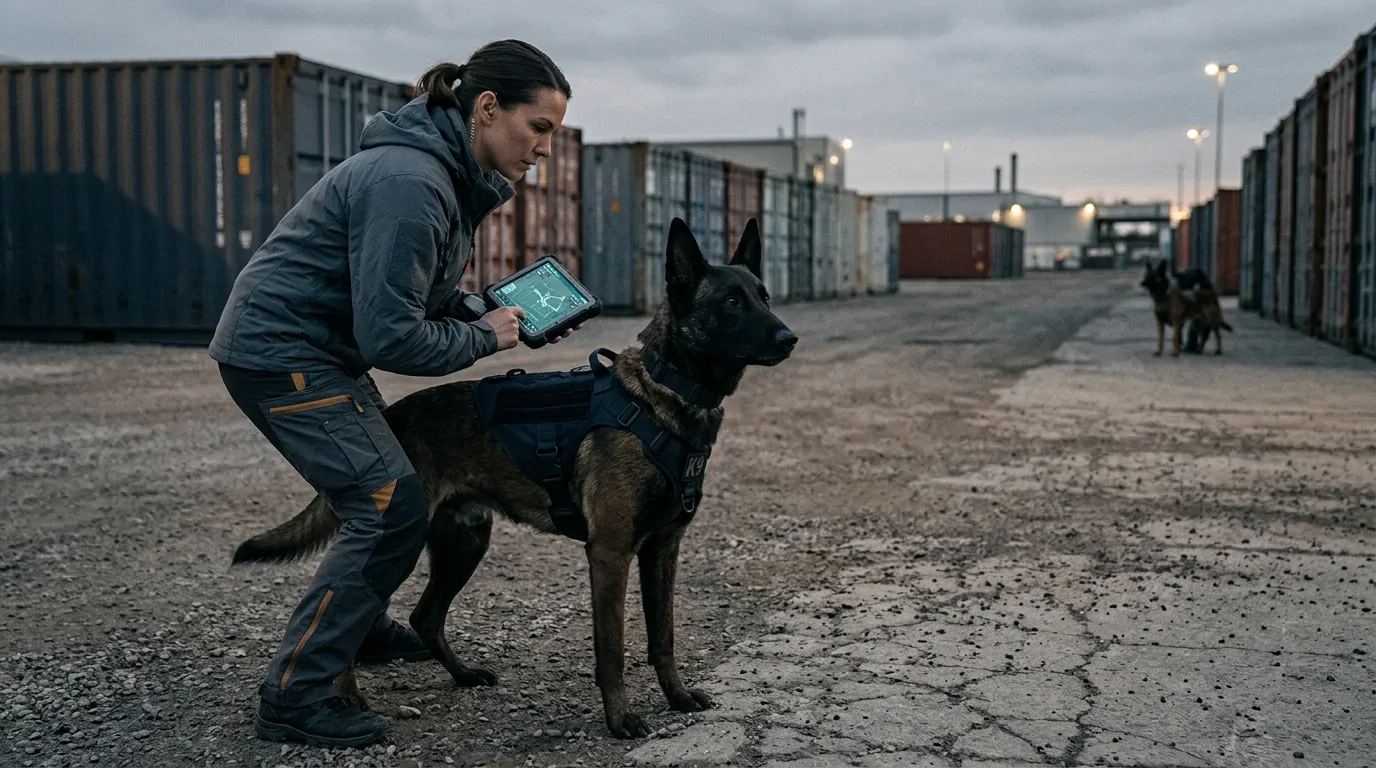 K9 handler using tracking equipment with a working dog in an active field environment.