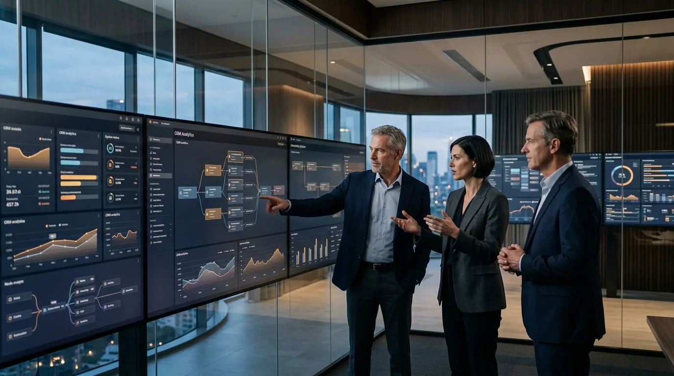 Executive operations team reviewing management dashboards and workflow analytics.