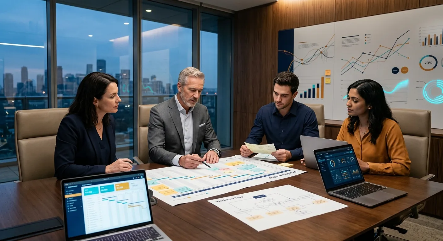 Leadership team planning workflow architecture and project rollout.